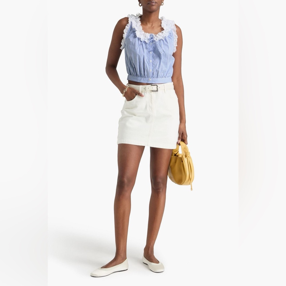 NWT CLAUDIE PIERLOT Broderie anglaise-trimmed cropped checked cotton-poplin top